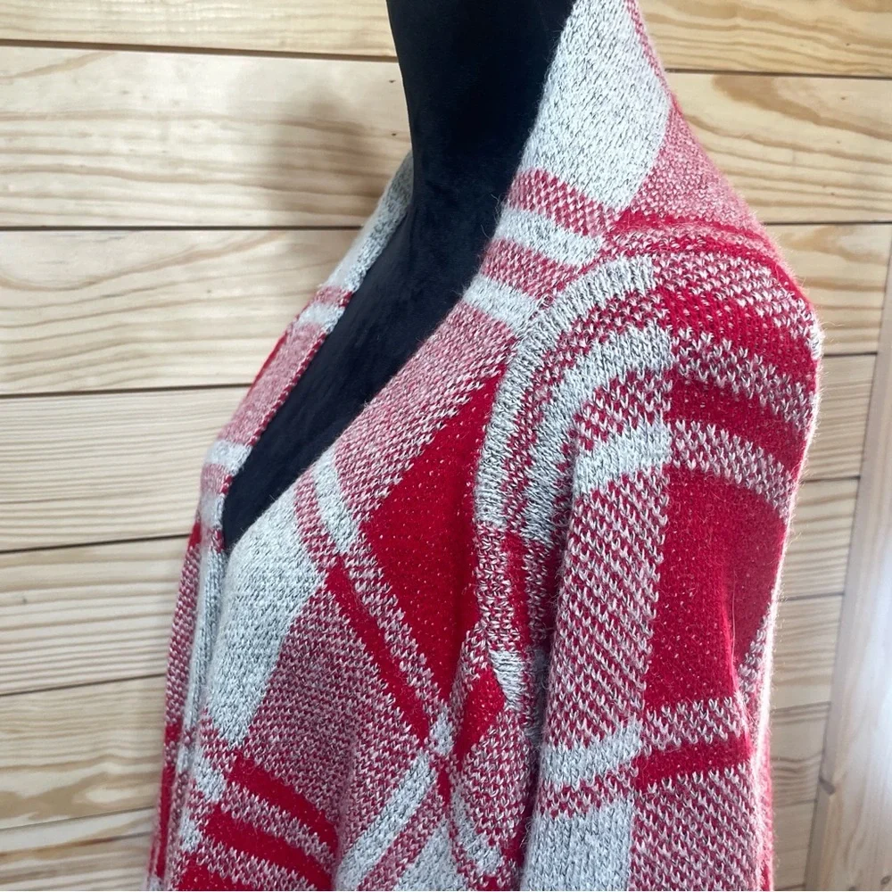 Open front cardigan gray and red winter cover up asymmetrical womens large - Picture 6 of 7